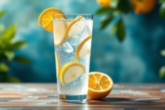 Frissítő szénsavas víz citromszeletekkel, jéggel.