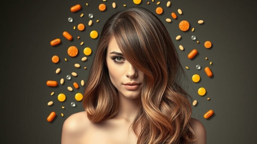 Fiatal nő sörélesztő vitaminokkal, egészséges hajjal.