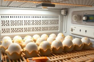 Keltetőgép belseje tojásokkal, hőmérséklet és páratartalom szabályozás