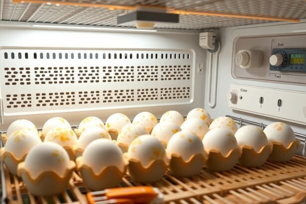 Keltetőgép belseje tojásokkal, hőmérséklet és páratartalom szabályozás