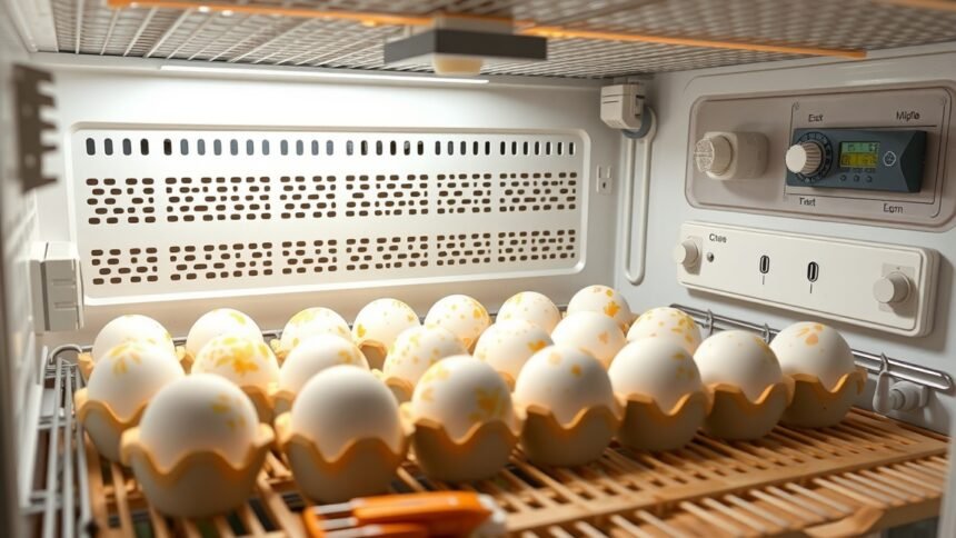 Keltetőgép belseje tojásokkal, hőmérséklet és páratartalom szabályozás