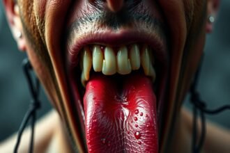 Egy emberi száj nyitva, hosszan nyújtott nyelvvel, fókuszálva a részletekre.