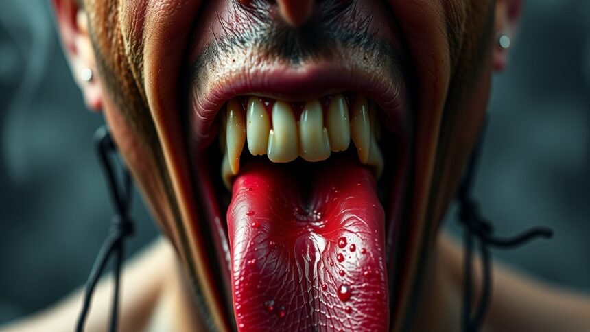 Egy emberi száj nyitva, hosszan nyújtott nyelvvel, fókuszálva a részletekre.