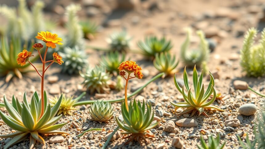 Szívósor növények a homokos talajban, virágokkal és zöld levelekkel.