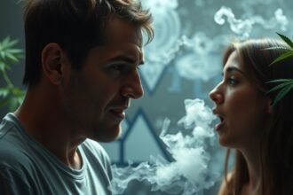 Fiatal pár fűt fogyaszt, élénk füsttel és kannabiszlevelekkel.