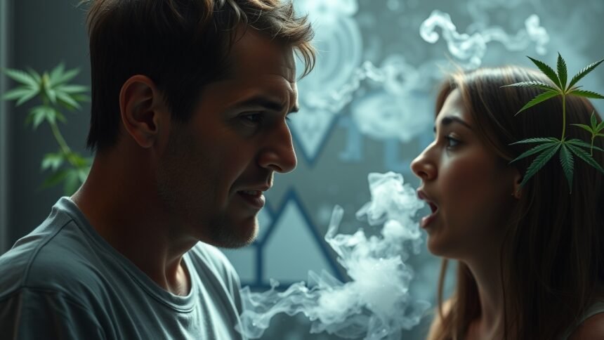 Fiatal pár fűt fogyaszt, élénk füsttel és kannabiszlevelekkel.