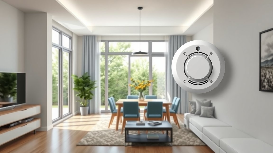 Modern gázérzékelő falon egy otthoni nappaliban