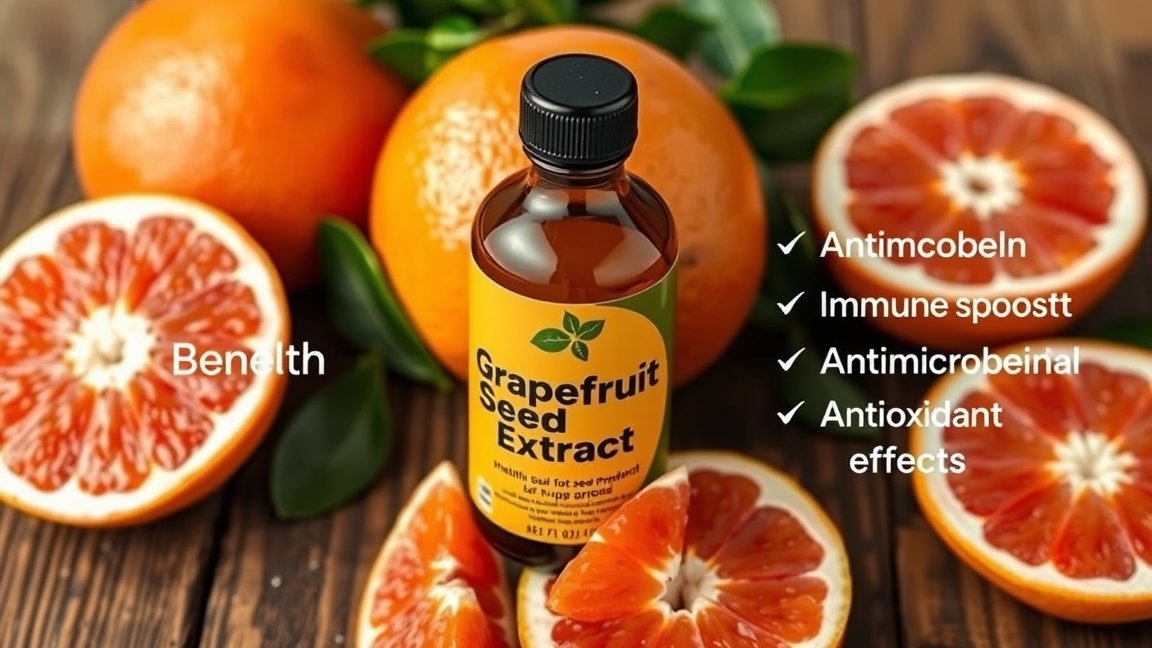 Grapefruitmag-kivonat üveg a friss grapefruit mellett