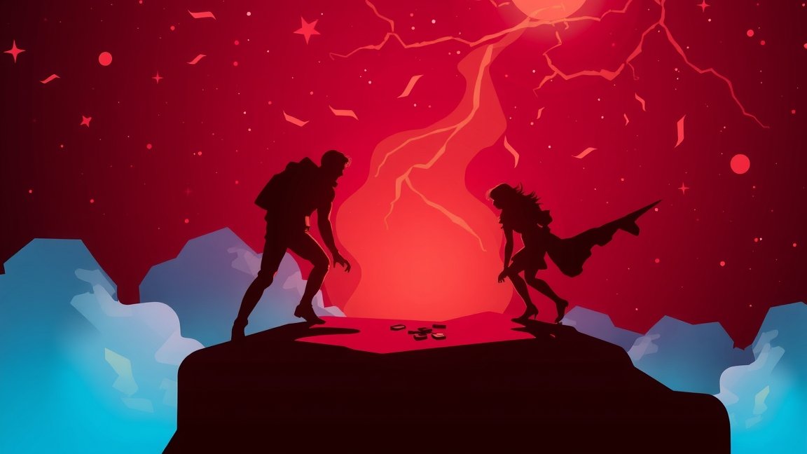 Két figura egy színes háttér előtt áll, felfedezés közben.