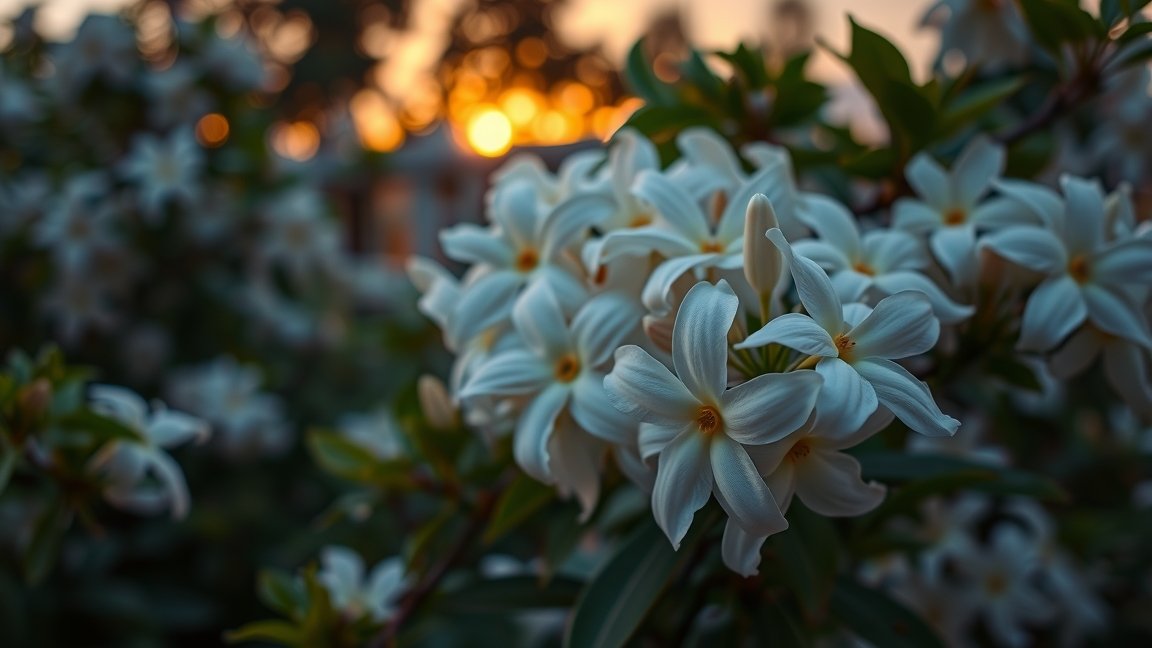Jázmin virágok közelről, naplementében, yugtató és energikus érzelmek.