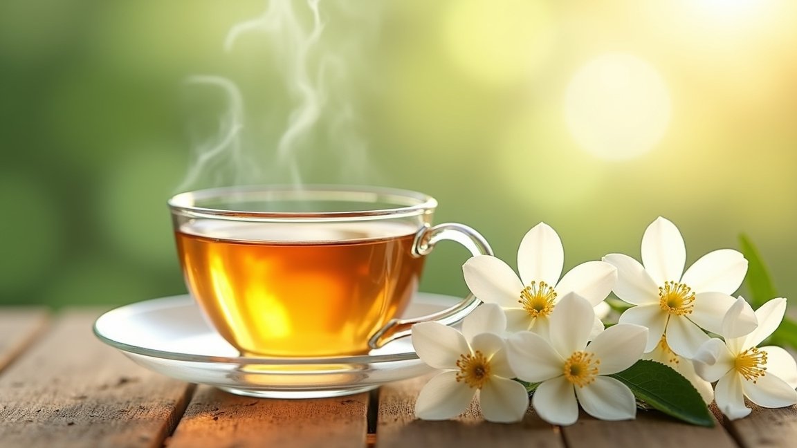 Friss jázmintea bögre virágok mellett egészséges hatásaihoz