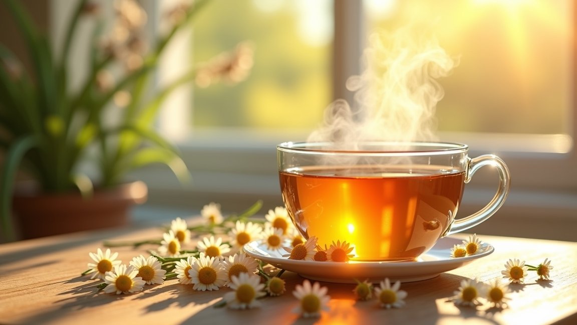 Friss, gőzölgő kamilla tea egy üvegcsészében, virágokkal körülvéve.