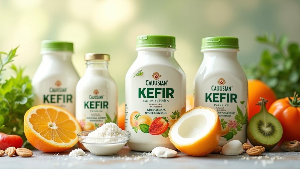 Kaukázusi kefir palackok friss gyümölcsökkel és egészséges hozzávalókkal.