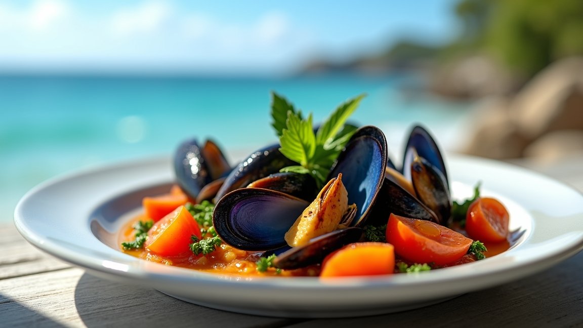 Kékkagyló tál friss zöldségekkel tengerparti háttérrel