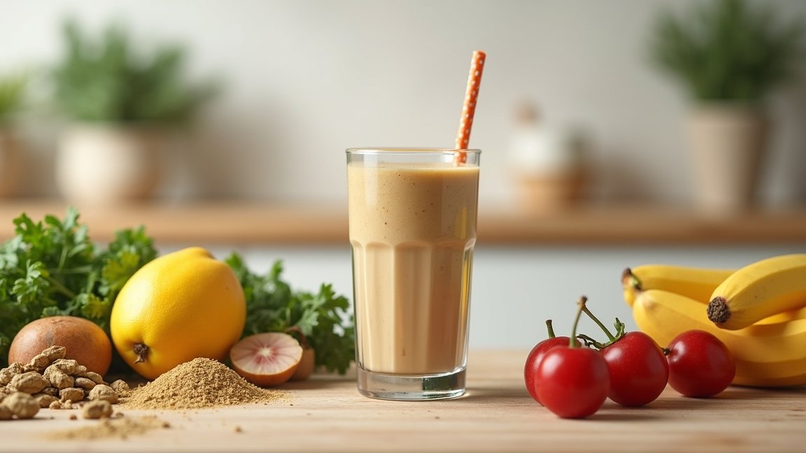 Egészséges kenderprotein turmix gyümölcsökkel és zöldségekkel.