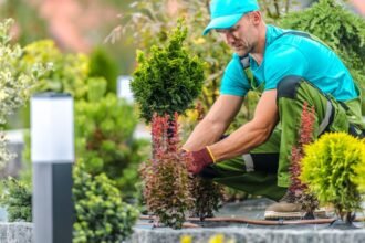 Kertész munkában, különféle növények ültetésével.