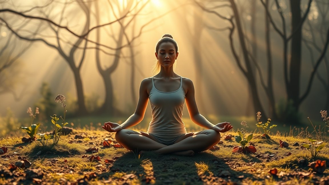 Nő lótuszülésben meditál egy napsütötte erdőben