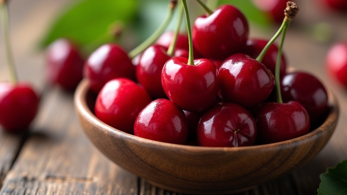 Friss meggy egy fából készült tálban, ízletes és tápláló.