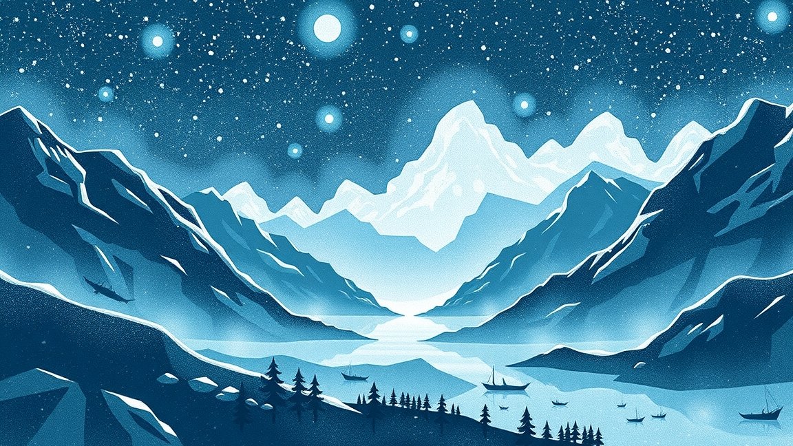 Montagnes et lac sous un ciel étoilé dans des tons bleus