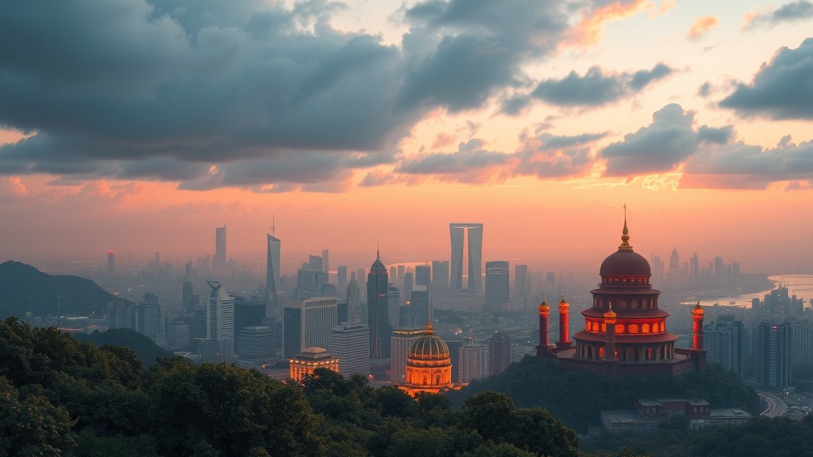 A város panorámája naplementében, kiemelkedő épületekkel és templommal.