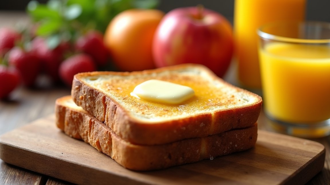 Pirítós kenyér vajjal és friss gyümölcsökkel reggelire.