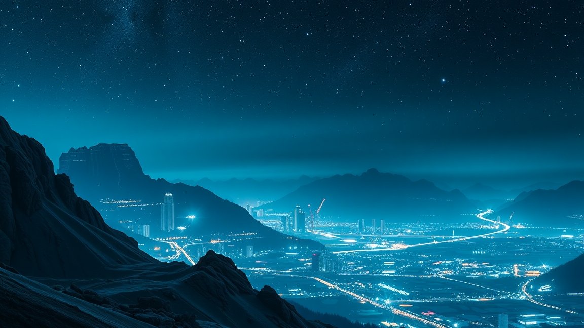 Éjszakai városi táj sötétkék fényekkel és csillagokkal