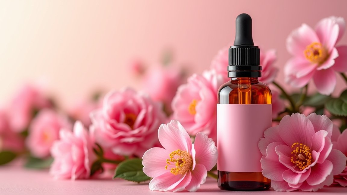 Rózsamuskátli illóolaj üvegpalack rózsaszín virágok mellett