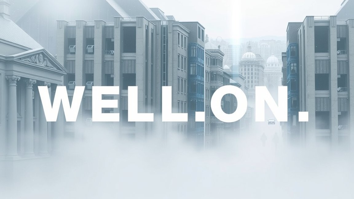 Egy városi látkép fehér ködben, a WELL.ON felirattal.