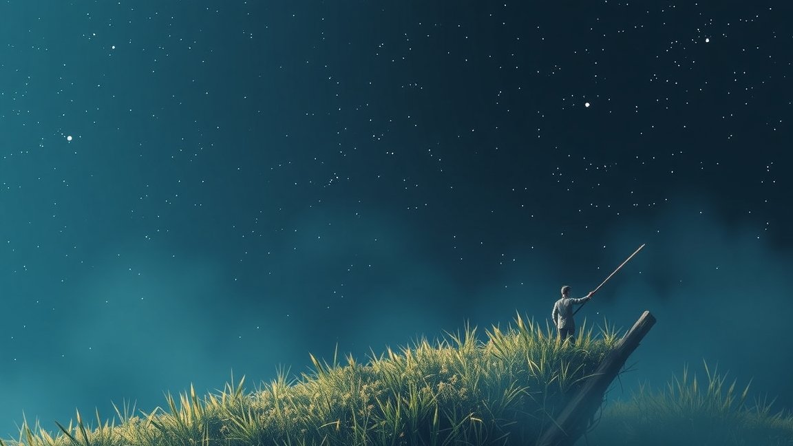 Egy férfi figyeli a csillagokat egy zöld dombon.