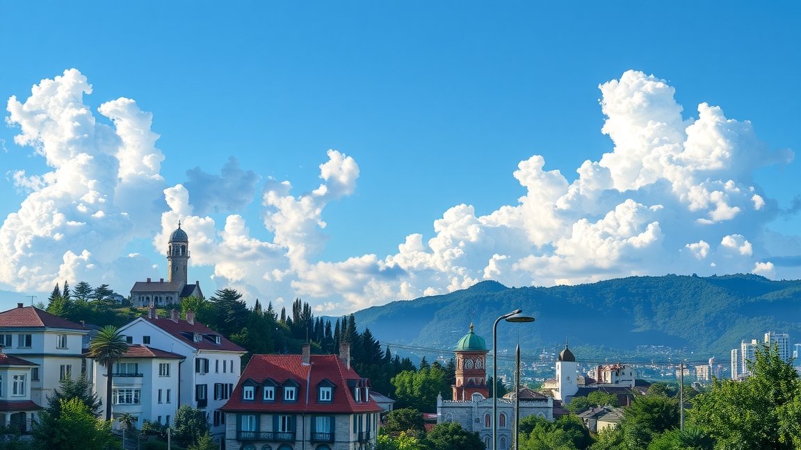 Gyönyörű panoráma a város felett a hegyekkel és felhőkkel