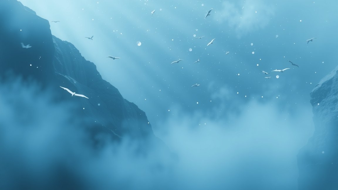 Kék színű hegyek és madarak lebegnek a ködben