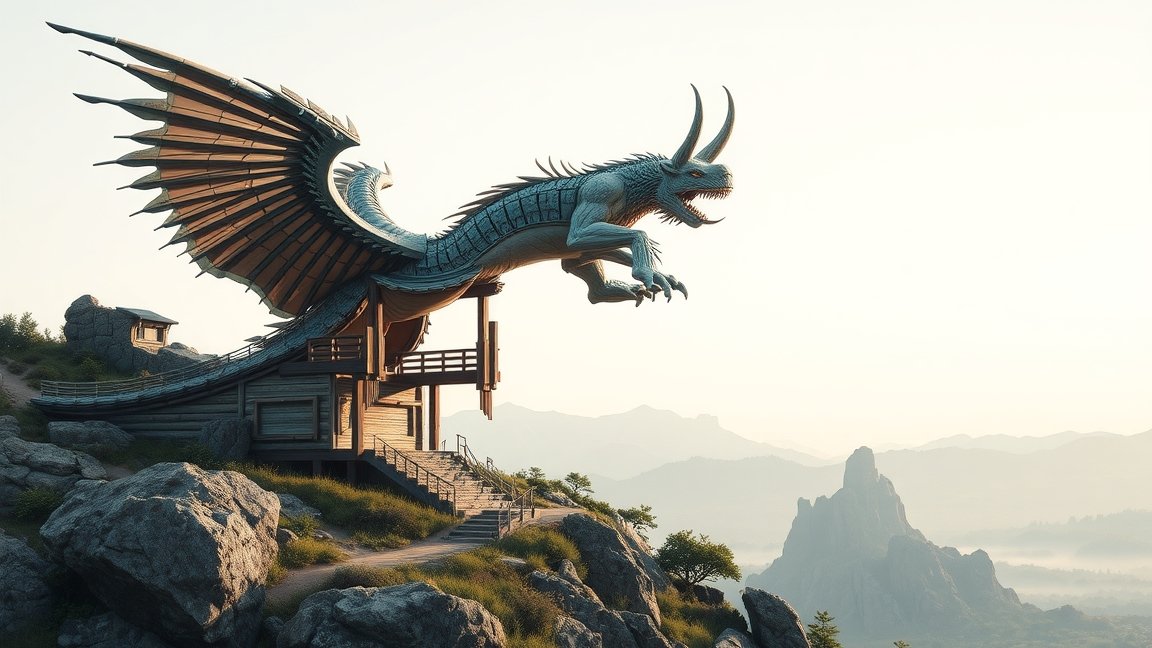 Fantasztikus dragon szobor egy hegyi kunyhónál, gyönyörű tájjal