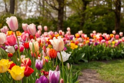 Különböző színű tulipánok virágzás közben tavaszi kertben.