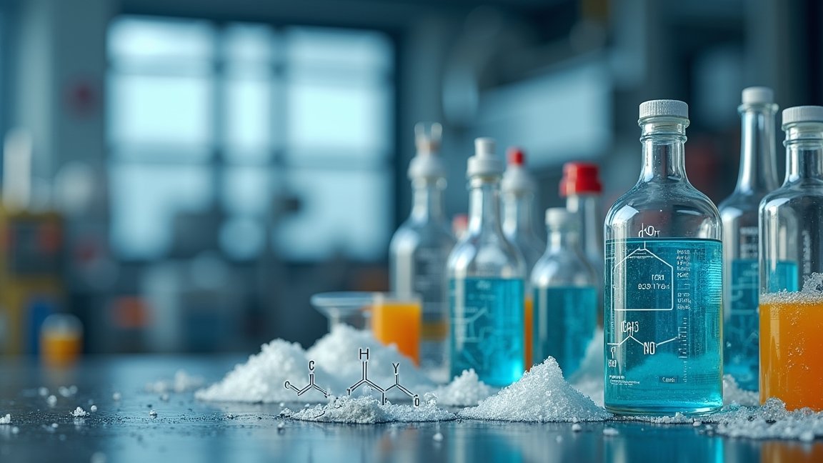 Laboratóriumi üvegpalackok etil-acetáttal és vegyszerekkel.