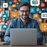 IT szakember a digitális világot bemutató grafikus elemekkel dolgozik.