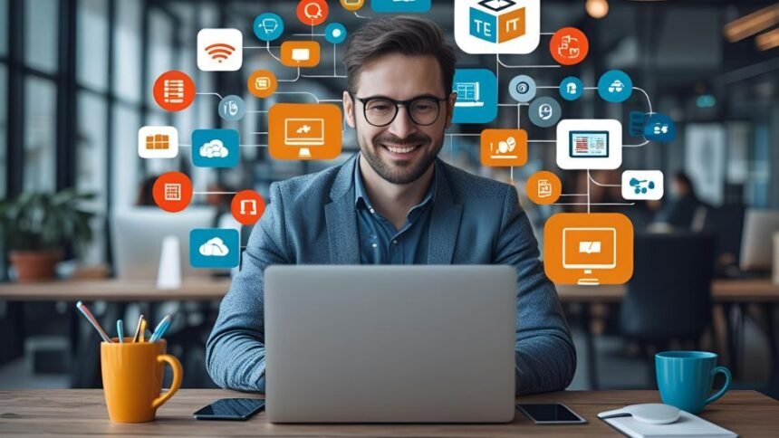 IT szakember a digitális világot bemutató grafikus elemekkel dolgozik.