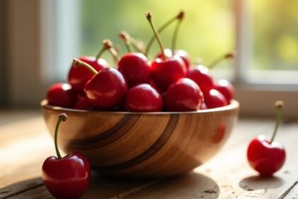 Érett cseresznyék egy fából készült tálban, napfényben
