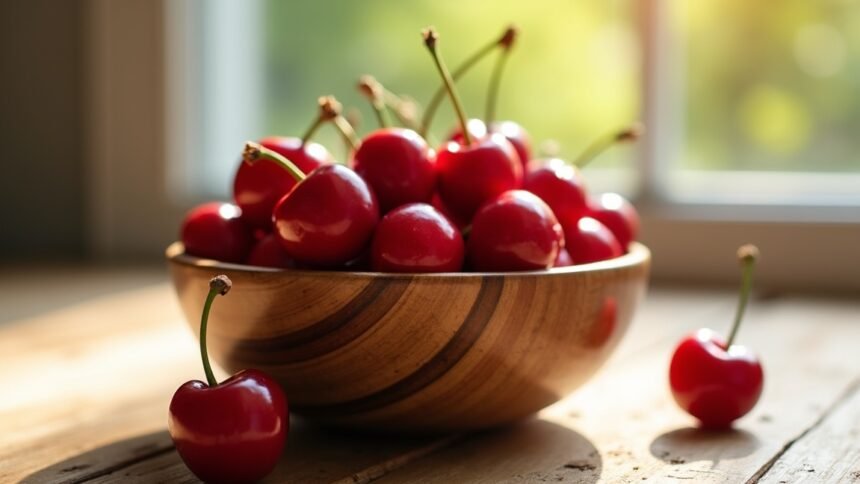 Érett cseresznyék egy fából készült tálban, napfényben