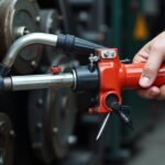 Kézi zsírzó használata egy ipari gépen, hatékony kenés érdekében.