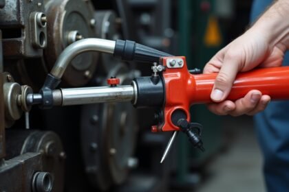 Kézi zsírzó használata egy ipari gépen, hatékony kenés érdekében.