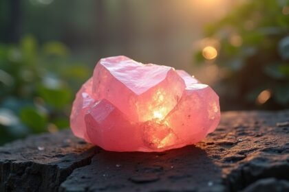 Eperkvarc kristály fényben ragyogva, természetes háttérben.