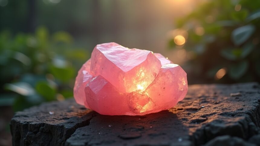 Eperkvarc kristály fényben ragyogva, természetes háttérben.