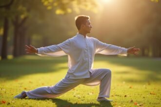 Chi Kung gyakorlatban lévő személy a természetben