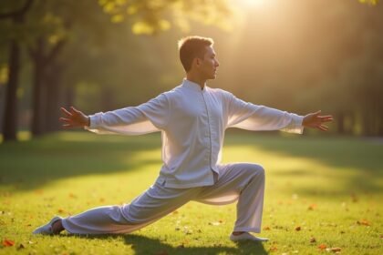 Chi Kung gyakorlatban lévő személy a természetben