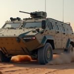 Reaktív páncélos jármű a sivatagban, védelmi rendszerrel.