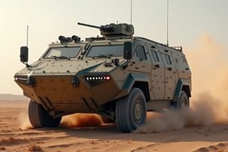 Reaktív páncélos jármű a sivatagban, védelmi rendszerrel.