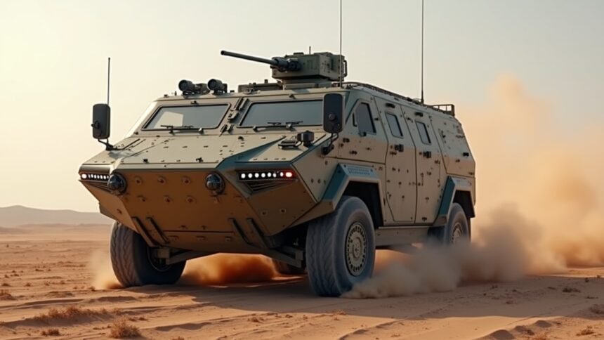 Reaktív páncélos jármű a sivatagban, védelmi rendszerrel.