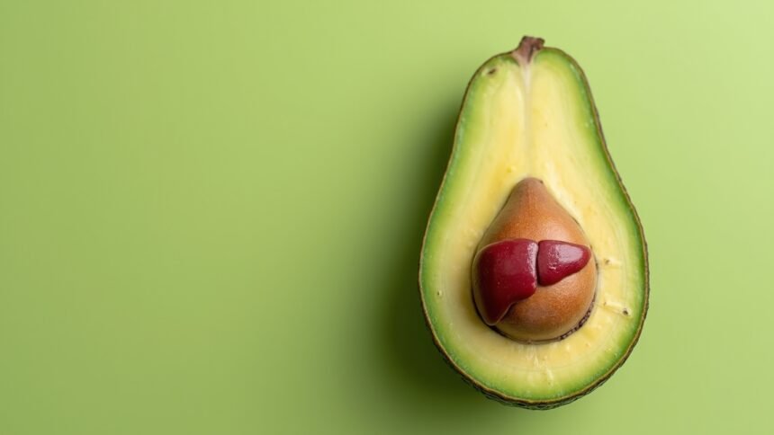 Avokádó fél, vörös máj formával a belsejében, zöld háttérrel.