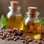 Ánizsolaj üvegek és fűszerek egy faasztalon