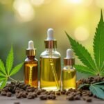 Hasisolaj üvegek és szárított kendernövény levelekkel